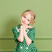 童装女童夏装连衣裙短袖纯棉，波点绿色复古裙子英伦，风双排扣蓬蓬裙