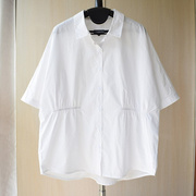 韩版简约百搭松紧收腰拼接设计纯棉宽松短袖白衬衣夏季浅蓝色衬衫