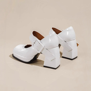 法式玛丽珍高跟鞋小众设计粗跟白色方头公主鞋女小皮鞋显瘦单鞋子(单鞋子)