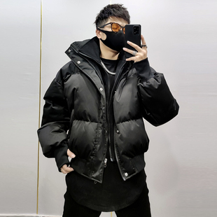 冬季2023韩版假两件设计痞帅纯色，加厚立领棉衣男士休闲外套潮