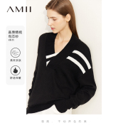 amii2024春慵懒风毛衣女设计感小众v领针织衫套头黑色上衣