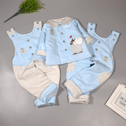 秋冬0-1岁婴儿薄棉衣套装纯棉3-6月宝宝夹棉开裆背带裤棉服三件套