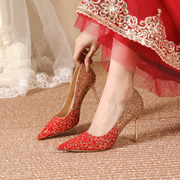 主婚纱红色秀禾婚鞋新娘鞋细跟尖头，气质高级感水晶高跟鞋女不累脚