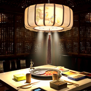 新中式吊灯复古带射灯餐厅，包间布艺古典创意灯具，圆形茶楼过道灯笼