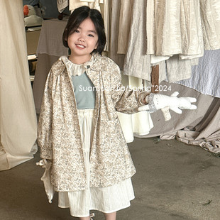 韩系童装女童田园风碎花风衣春季儿童中长款翻领纯棉外套洋气