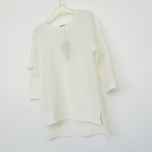 拉系列sm女秋季白色冰丝网纱条纹七分袖针织衫8b0599