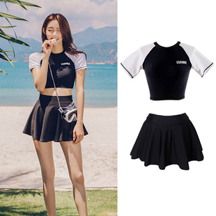 韩国裙式分体两件套泳衣女运动黑白色性感比基尼防晒显瘦泳装
