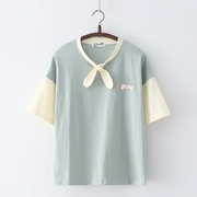 中学生夏季短袖t恤女2022日系，可爱猫咪少女心上衣设计感小众