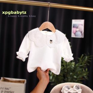 婴儿娃娃领白色打底衫，2022春款女童翻领长袖t恤上衣女宝宝打底衫
