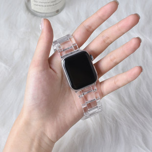 适用apple watch S7透明表带iwatch7表带SE 6/5/4/3/2/1代苹果手表带树脂果冻小冰块金属三珠41/45mm男女