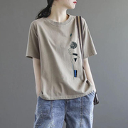 韩版复古短袖t恤女大码女装宽松显瘦印花打底衫，上衣休闲文艺