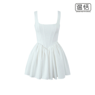 辣妹高腰线(高腰线)白色，蓬蓬裙无袖修身显瘦背心连衣裙a字短裙子