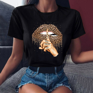 fashiont-shirt时尚欧美个性豹纹，嘴唇系列印花宽松显瘦t恤短袖