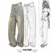 Nd/乃丹欧美街头风做旧设计时髦脏脏牛仔裤高腰显瘦女宽松阔腿裤