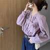 可批法式复古紫色v领刺绣衬衫女春秋设计感小众别致宽松泡泡长袖