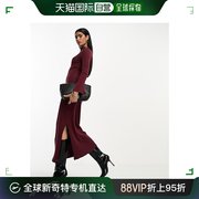 香港直邮潮奢asos女士grown设计柔软领长袖，酒红色中长连衣裙