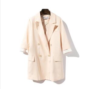 外贸原单 夏季 通勤风气质厚雪纺面料七分袖双排扣西装外套 纯色