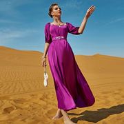 玫紫色一字肩中袖，连衣裙夏季中东风格女装时尚女士长裙ba7032