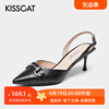KISSCAT/接吻猫夏季尖头羊皮一字扣高跟包头凉鞋女KA21100-18