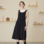 MSLAN商场同款法式浪漫V领收腰背带裙黑色简约廓形连衣裙MEDE4111