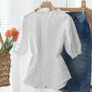 洋气减龄花边领~精致蕾丝花朵中长五分袖白色棉衬衫蕾丝衫女夏季