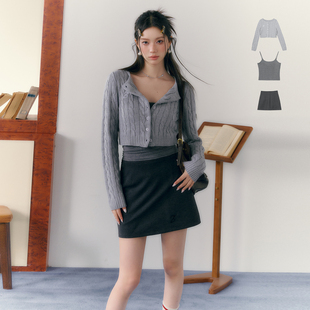 7shiftin原创设计学院风针织衫，条纹衬衫百搭短裙短款灰色毛衣