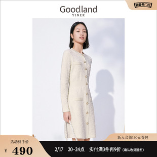 Goodland美地女装冬季法式单排扣绞花肌理感绵羊毛针织连衣裙