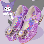 女童高跟鞋春秋库洛米童鞋，儿童紫色公主水晶软底单鞋小孩子皮鞋
