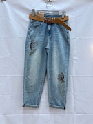 Jeans夏季 HTZ红提子16305牛仔裤女浅蓝色刺绣烫钻哈伦垮裤
