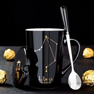创意杯子陶瓷马克杯带盖勺情侣，水杯男生咖啡杯家用茶杯办公室女生