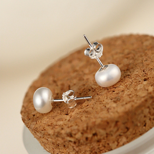 s925纯银天然淡水珍珠，耳钉扁圆韩国女可爱银饰品耳饰品气质耳环