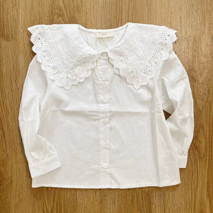 秋季女童洋气甜美刺绣，花边翻领长袖白色衬衫，纯棉布娃娃上衣