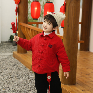 红色中国风唐装棉服拜年服儿童冬款中式夹棉袄男童汉服加厚新年装