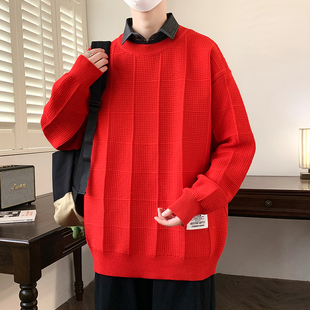 红色本命年毛衣春秋季衬衫领针织衫潮牌内搭假两件保暖打底毛线衣