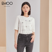 EMOO杨门镶钻白色短袖圆领T恤女夏季时尚休闲宽松上衣