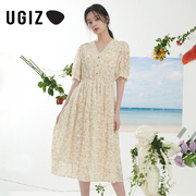 UGIZ商场同款2022夏季韩版女装清新V领碎花连衣裙女UBOF831