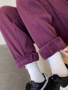 紫色加绒裤子女秋冬外穿加厚防风小个子棉裤高腰显瘦运动束脚卫裤