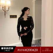 ML茉乐大码微胖2023秋季连衣裙法式宫廷风蕾丝修身显瘦中长裙