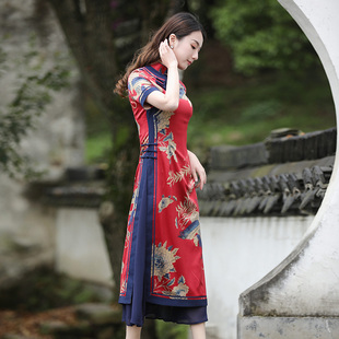 越南奥黛长款旗袍女夏季2023短袖改良版连衣裙红色中国风优雅