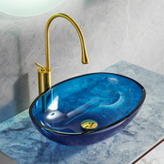 灰色钢化玻璃台上盆洗手盆家用现代简约蓝色艺术洗漱台盆面盆套装