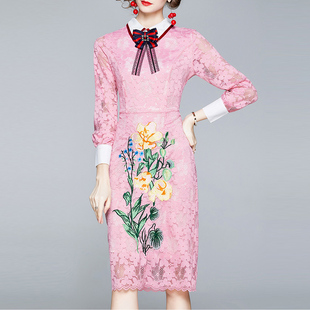 欧美风减龄气质连衣裙粉色雪纺拼接蕾丝绣花polo领中长a字裙