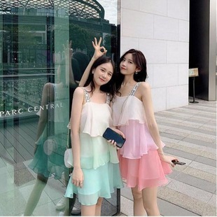 雪纺连衣裙吊带裙夏季时尚气质韩版女装粉色无袖渐变子热