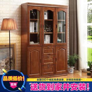 中式实木橡胶木三门两门书柜，中式简约书房客房，办公书橱置物柜抽屉