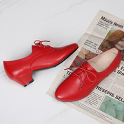 红色皮鞋女2024年英伦，风小皮鞋圆头春秋，中粗跟真皮系带单鞋女