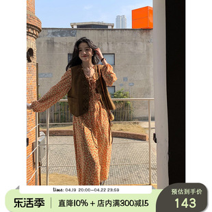 yesroom「阳光橙」24春季复古花朵长袖碎花荷叶边长袖连衣裙