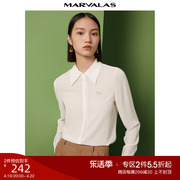 曼德诗薄款翻领长袖白衬衣女，2023秋双色雪纺衫，设计感小众刺绣衬衫