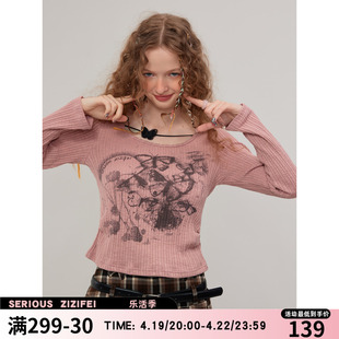 zizifei春秋季美式复古蝴蝶，印花上衣针织，打底衫修身显瘦长袖t恤女
