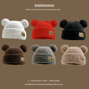 韩版可爱金属小熊标毛线帽，子女冬季加绒保暖针织帽护耳毛绒包头帽(包头帽)