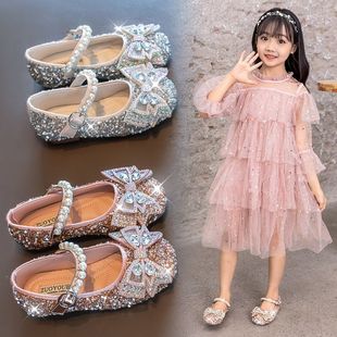 女孩公主鞋子2023秋季闪亮凉鞋舞蹈水晶鞋学生5十岁8平底演出