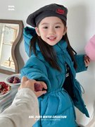 冬季女孩时尚个性韩版收腰湖蓝连帽可拆卸柔软白鸭绒暖羽绒服